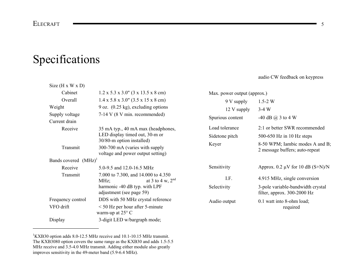 Specifications | Elecraft KX1 Manual User Manual | Page 6 / 96