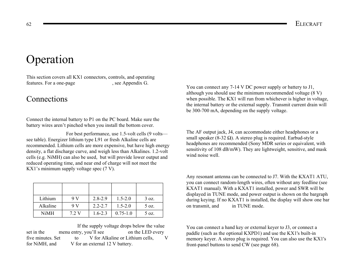 Operation, Connections | Elecraft KX1 Manual User Manual | Page 63 / 96