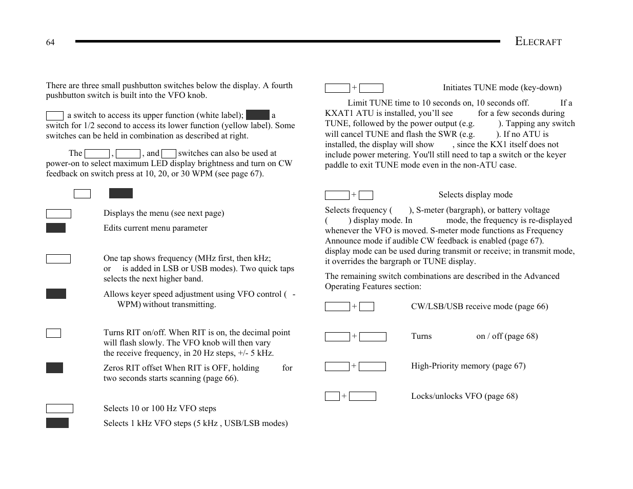 Pushbutton switch functions | Elecraft KX1 Manual User Manual | Page 65 / 96