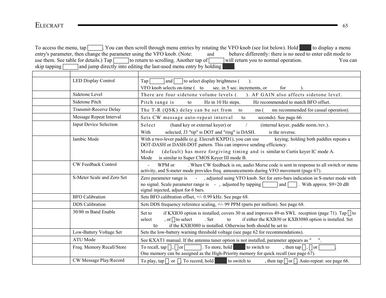 Menu functions | Elecraft KX1 Manual User Manual | Page 66 / 96