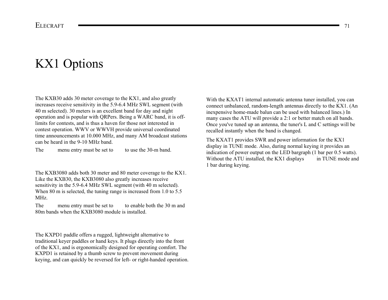 Kx1 options | Elecraft KX1 Manual User Manual | Page 72 / 96