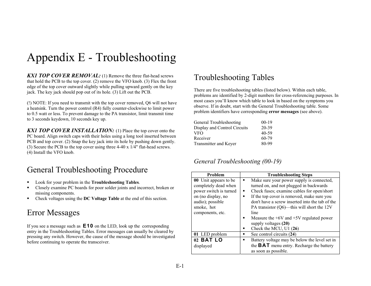 Appendix e - troubleshooting, General troubleshooting procedure, Error messages | Troubleshooting tables | Elecraft KX1 Manual User Manual | Page 88 / 96