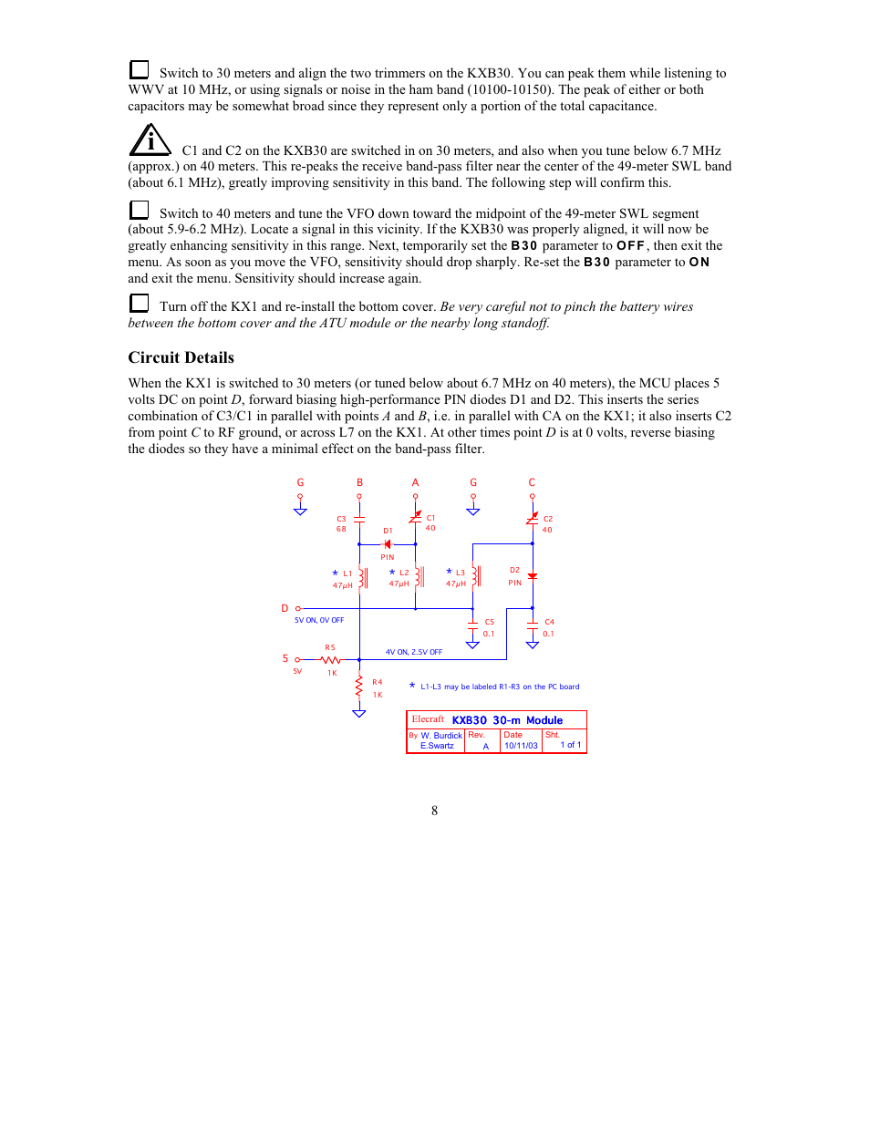 Circuit details, Parameter to | Elecraft KXB30 User Manual | Page 8 / 8