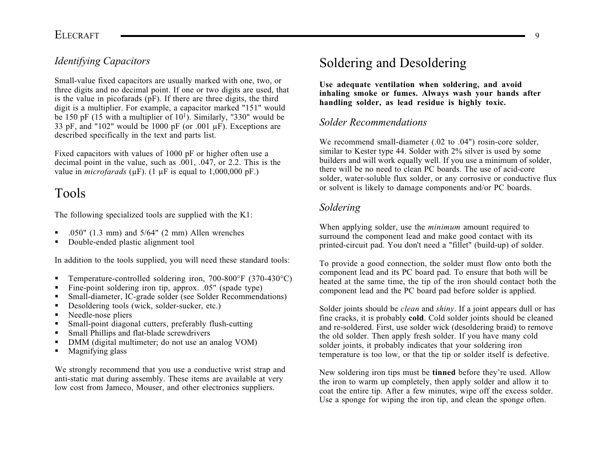 Tools, Soldering and desoldering | Elecraft K1 User Manual | Page 10 / 91