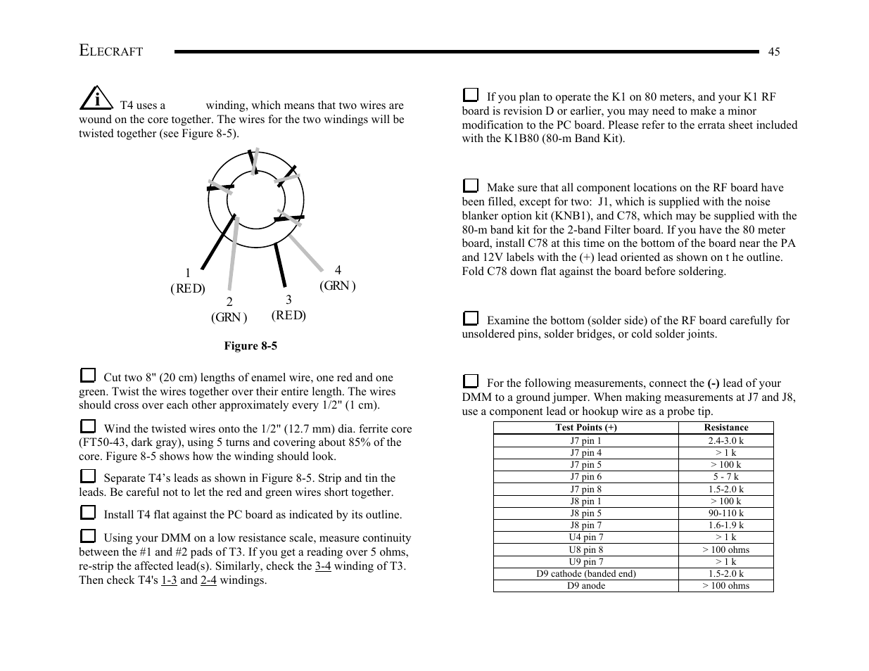 Uninstalled components, Visual inspection, Resistance checks | Elecraft K1 User Manual | Page 46 / 91