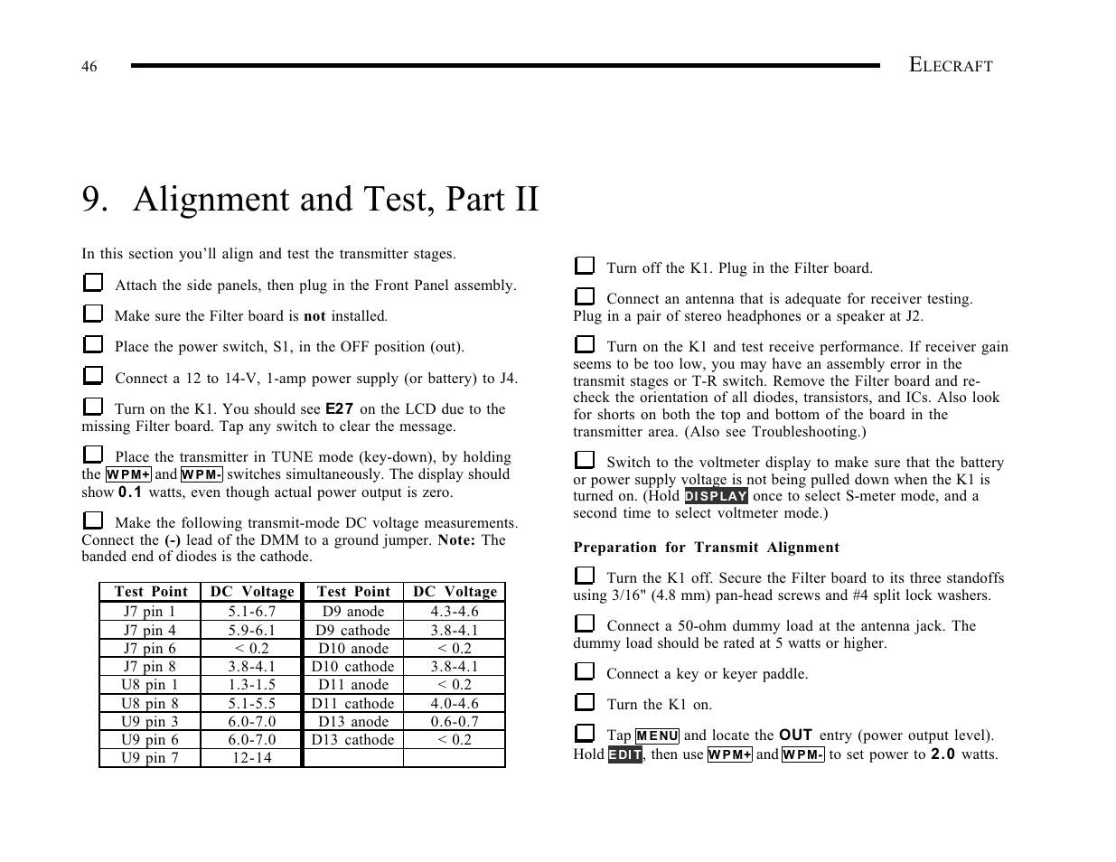 Alignment and test, part ii | Elecraft K1 User Manual | Page 47 / 91