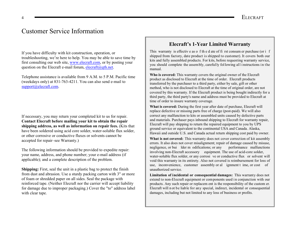 Customer service information | Elecraft K1 User Manual | Page 5 / 91