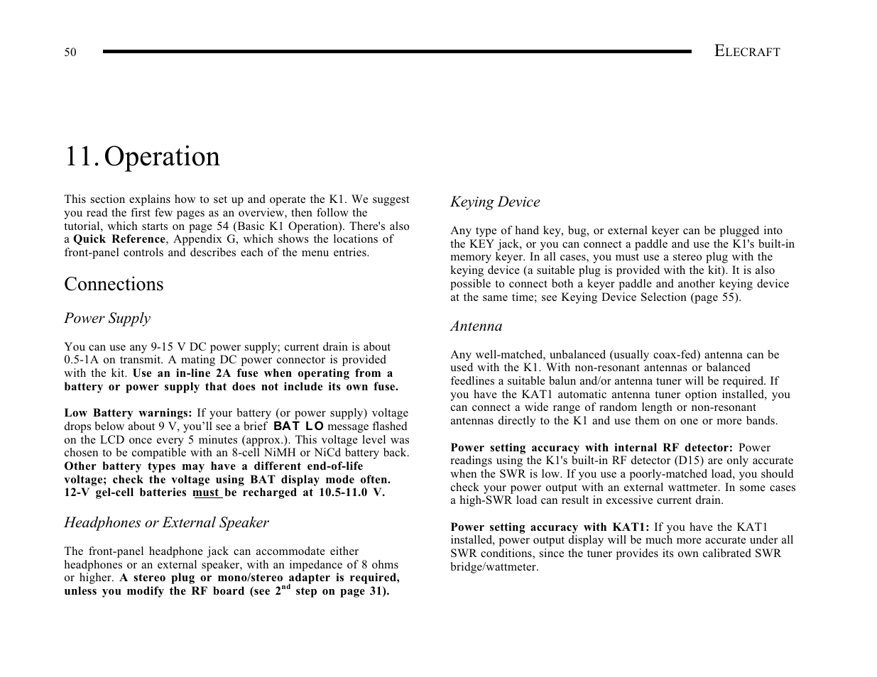 Operation, Connections | Elecraft K1 User Manual | Page 51 / 91