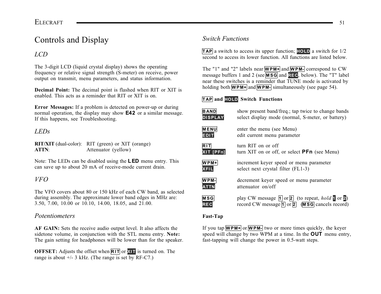 Controls and display, Leds, Potentiometers | Switch functions | Elecraft K1 User Manual | Page 52 / 91