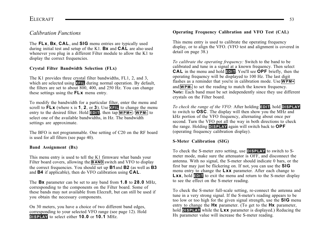 Calibration functions | Elecraft K1 User Manual | Page 54 / 91