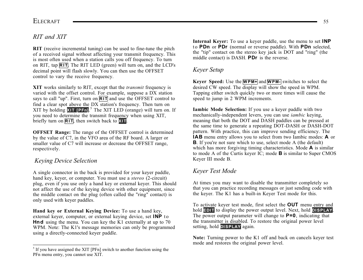 Rit and xit, Keying device selection, Keyer setup | Keyer test mode | Elecraft K1 User Manual | Page 56 / 91