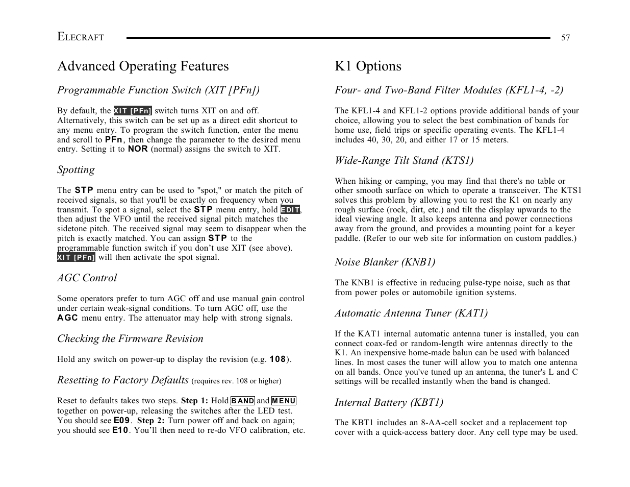 Advanced operating features, K1 options | Elecraft K1 User Manual | Page 58 / 91