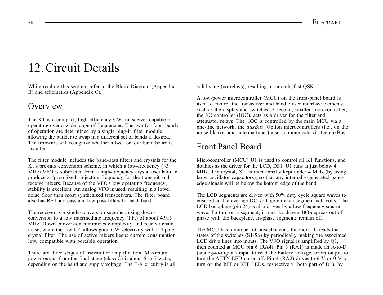 Circuit details, Overview, Front panel board | Elecraft K1 User Manual | Page 59 / 91