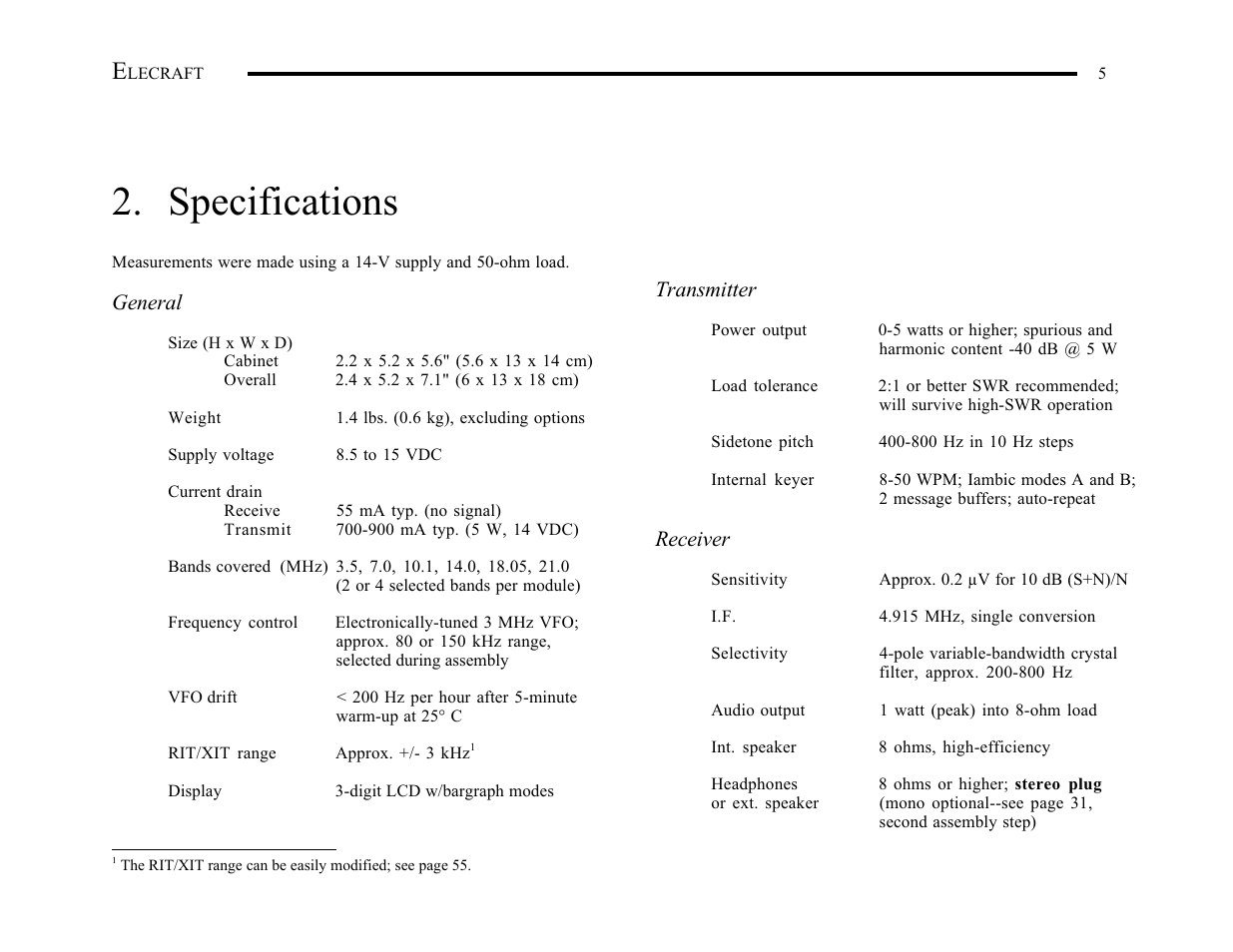 Specifications | Elecraft K1 User Manual | Page 6 / 91