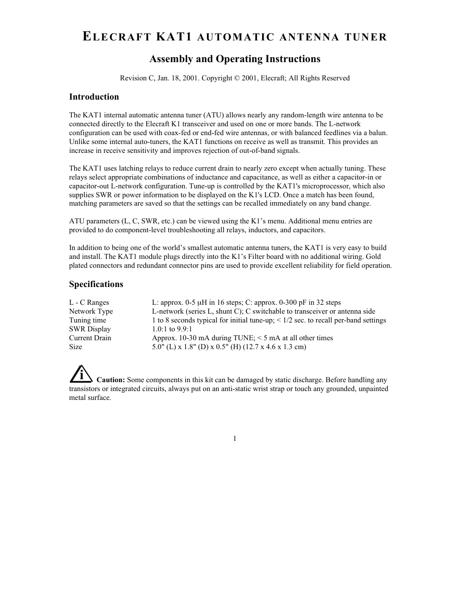 Elecraft KAT1 Manual User Manual | 15 pages