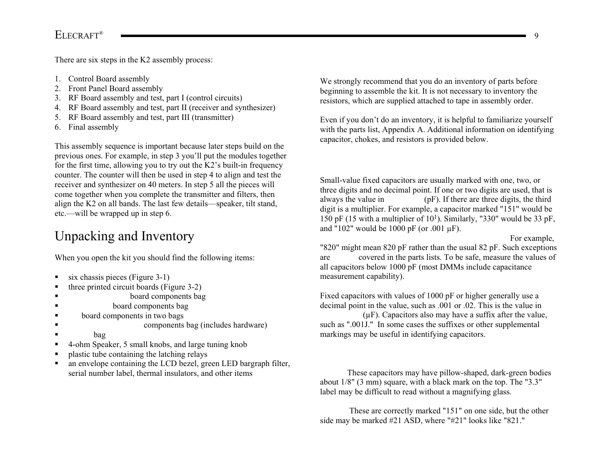 Unpacking and inventory | Elecraft K2 Owner's Manual User Manual | Page 10 / 171