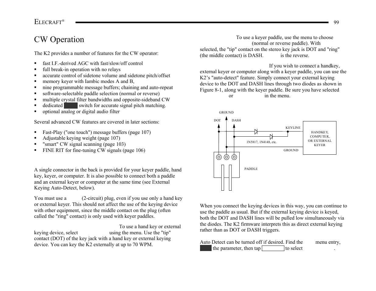 Cw operation, Keying device selection | Elecraft K2 Owner's Manual User Manual | Page 100 / 171