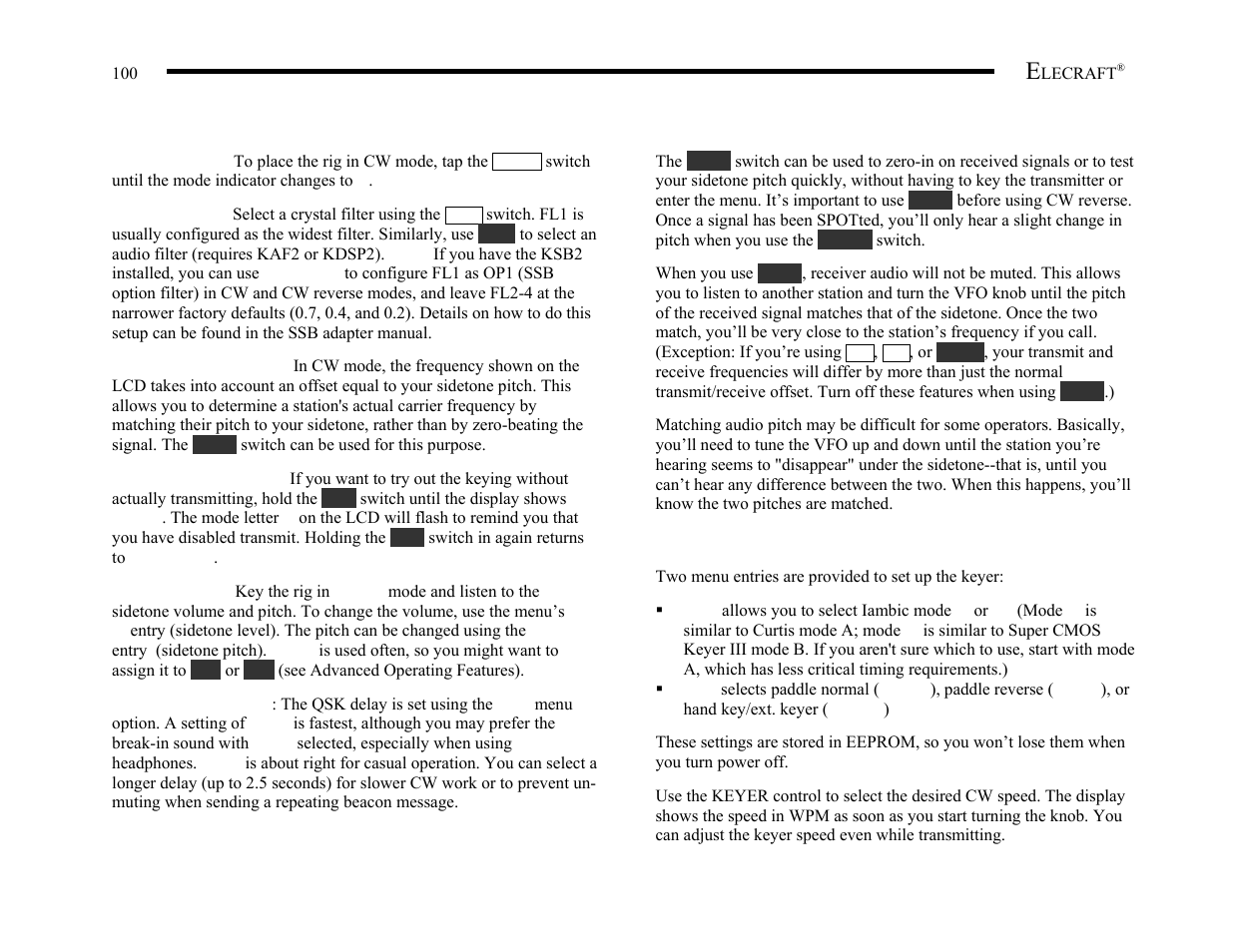 Basic cw setup, The spot switch, Using the internal keyer | Elecraft K2 Owner's Manual User Manual | Page 101 / 171