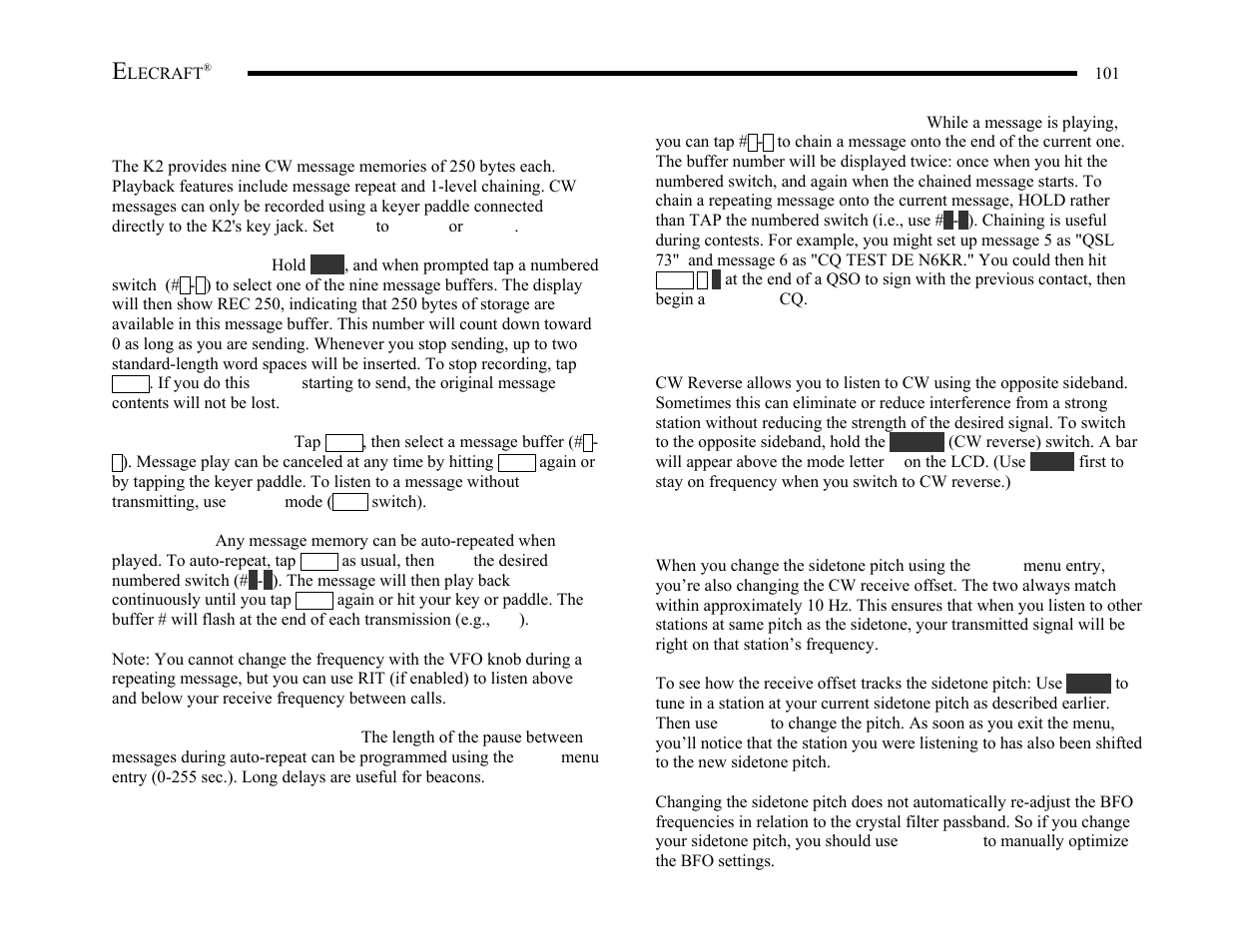 Cw reverse, Sidetone pitch and receive offset | Elecraft K2 Owner's Manual User Manual | Page 102 / 171