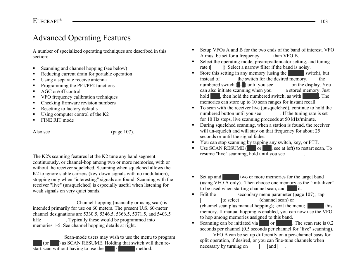 Advanced operating features, Scanning and channel hopping | Elecraft K2 Owner's Manual User Manual | Page 104 / 171