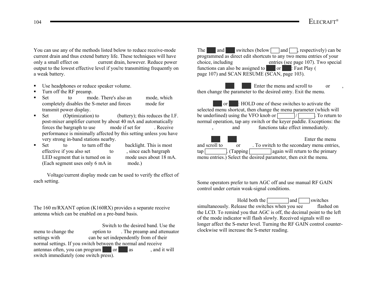 Reducing current drain for portable operation, Using a separate receive antenna, Programmable function switches (pf1/pf2) | Agc on/off control | Elecraft K2 Owner's Manual User Manual | Page 105 / 171