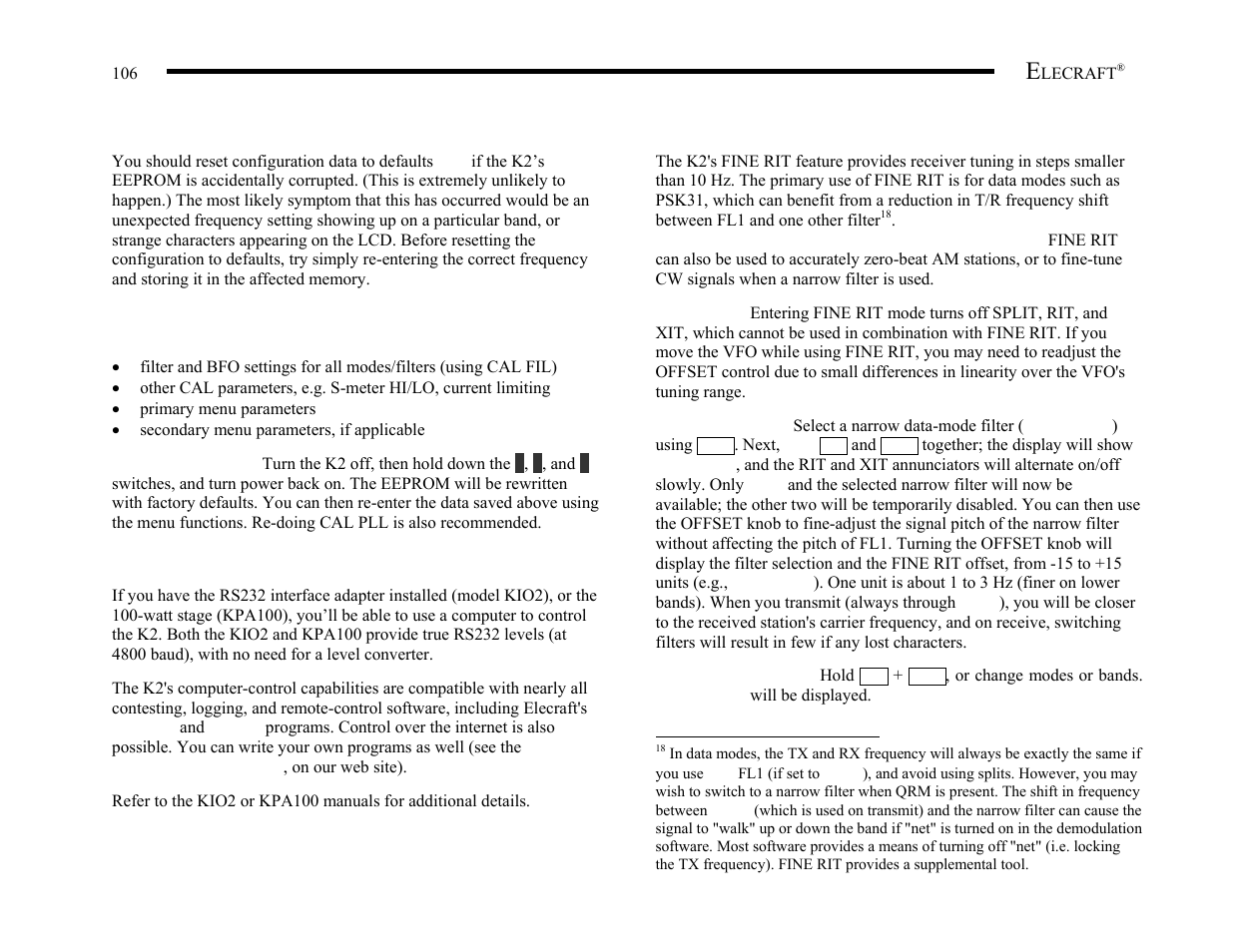 Resetting the configuration to factory defaults, Computer control of the k2, Fine rit mode | Elecraft K2 Owner's Manual User Manual | Page 107 / 171