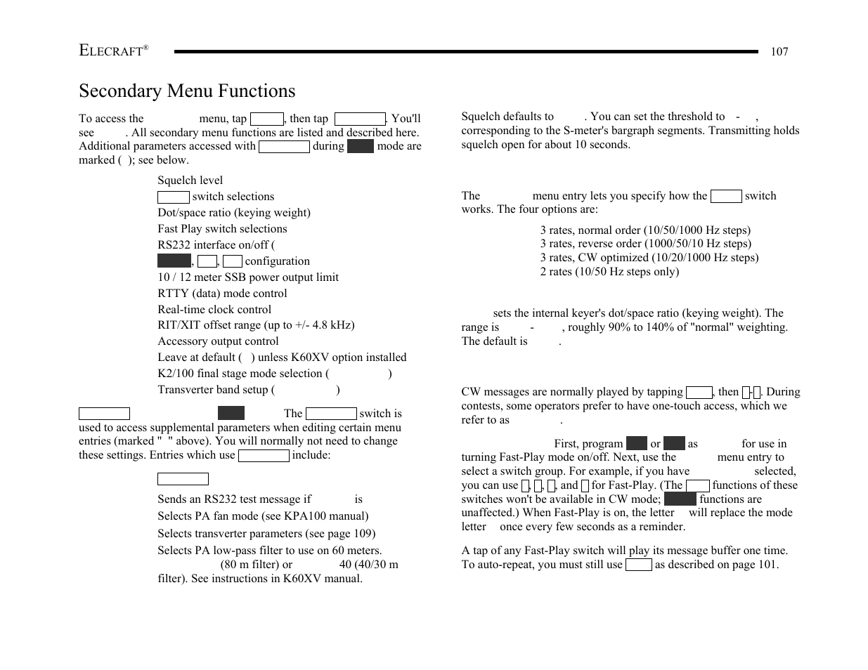 Secondary menu functions | Elecraft K2 Owner's Manual User Manual | Page 108 / 171