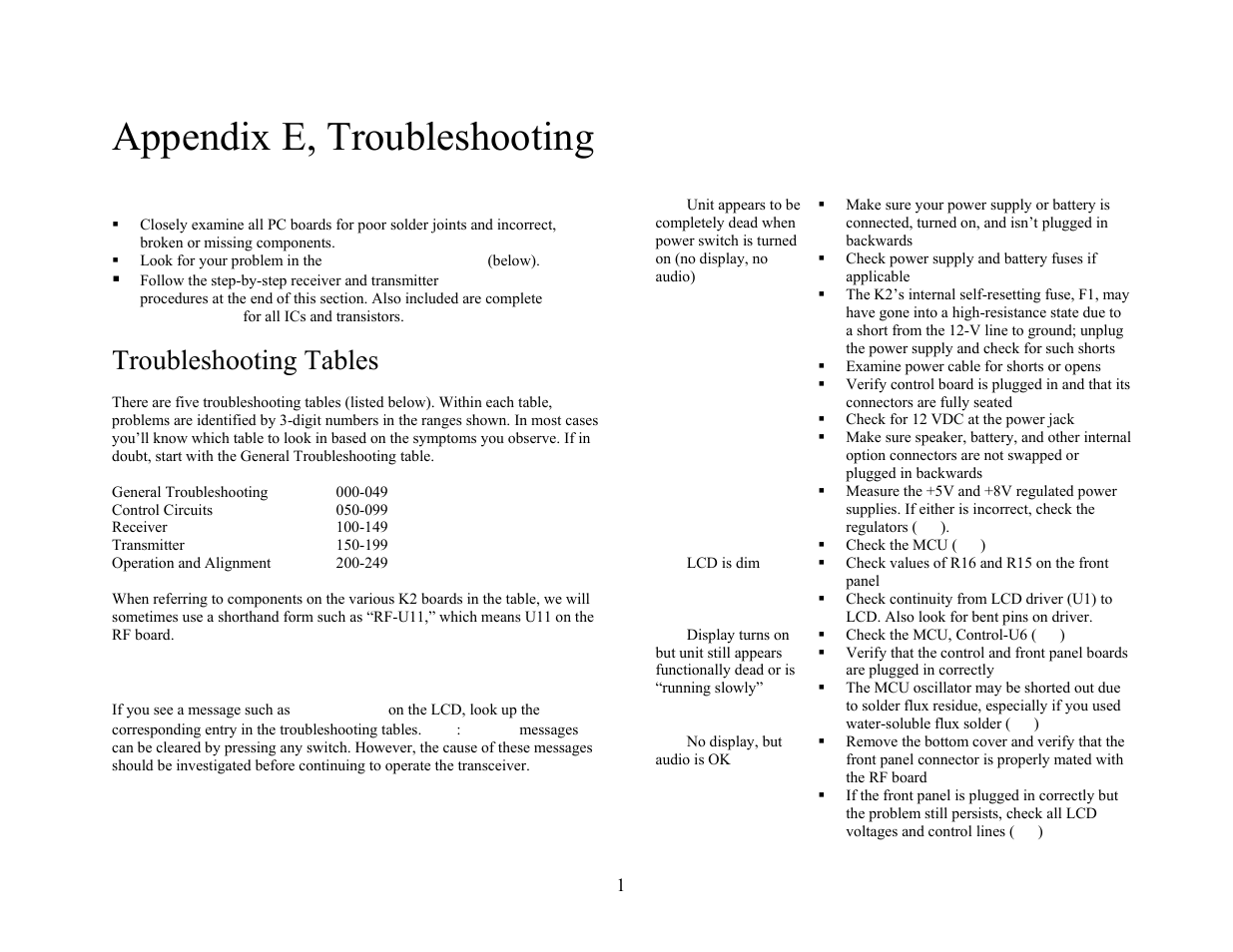 Appendix e, troubleshooting, Troubleshooting tables | Elecraft K2 Owner's Manual User Manual | Page 153 / 171