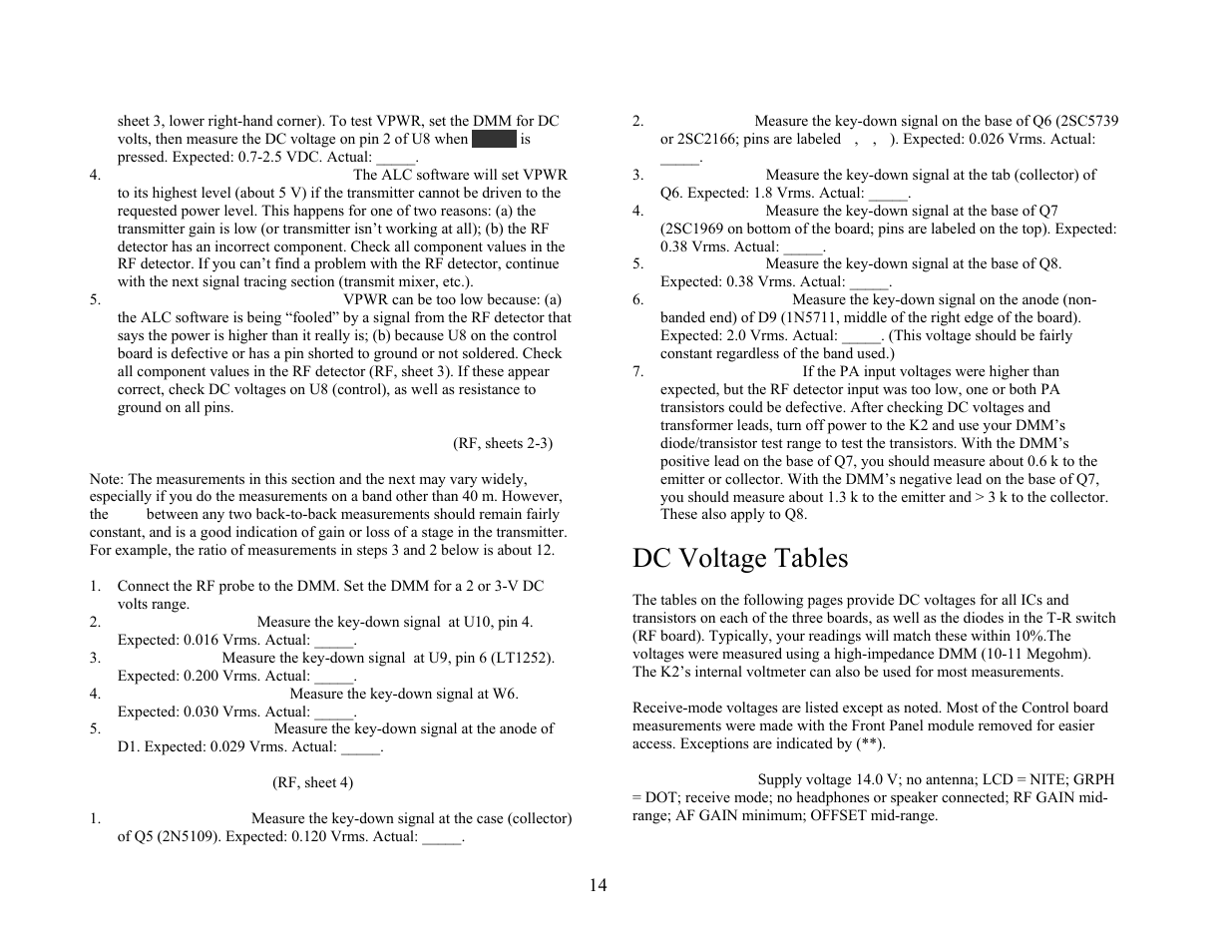 Dc voltage tables | Elecraft K2 Owner's Manual User Manual | Page 166 / 171