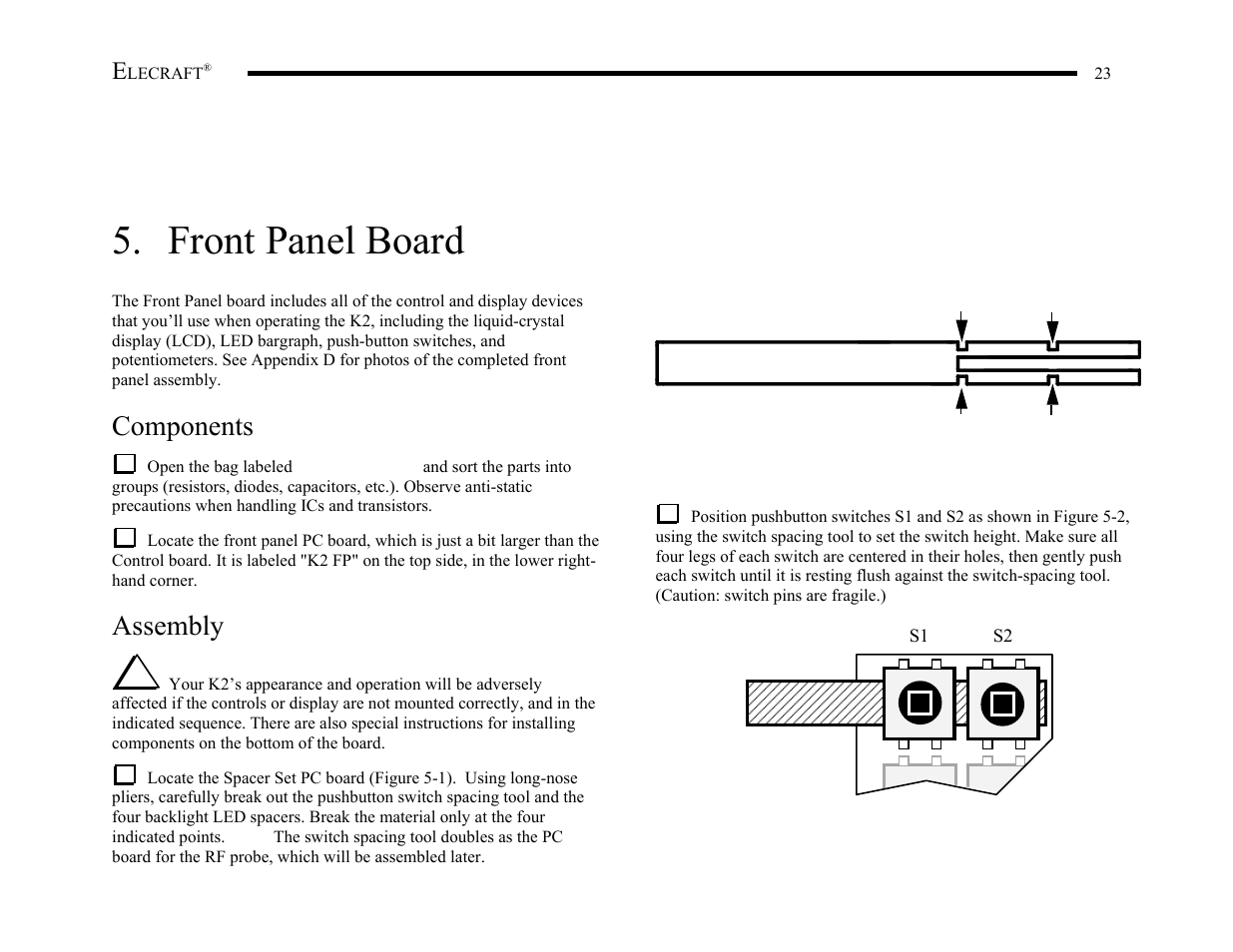 Front panel board, Components, Assembly i | Elecraft K2 Owner's Manual User Manual | Page 24 / 171