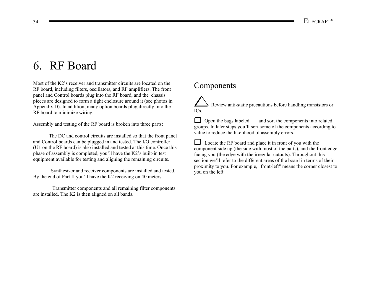 Rf board, Components i | Elecraft K2 Owner's Manual User Manual | Page 35 / 171