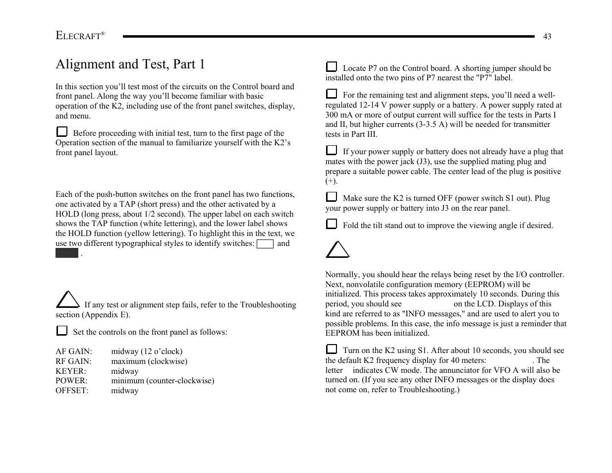 Alignment and test, part 1 | Elecraft K2 Owner's Manual User Manual | Page 44 / 171