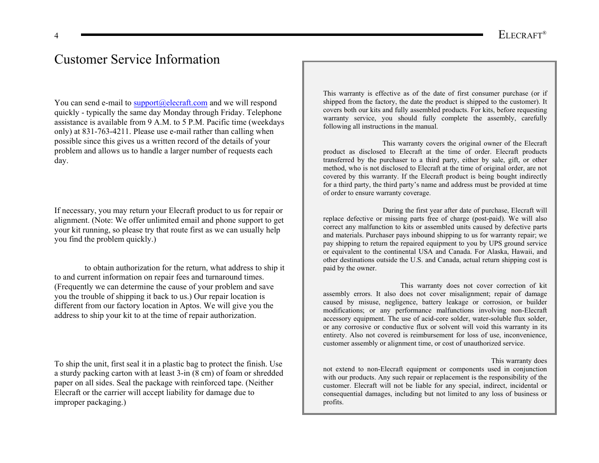 Customer service information | Elecraft K2 Owner's Manual User Manual | Page 5 / 171