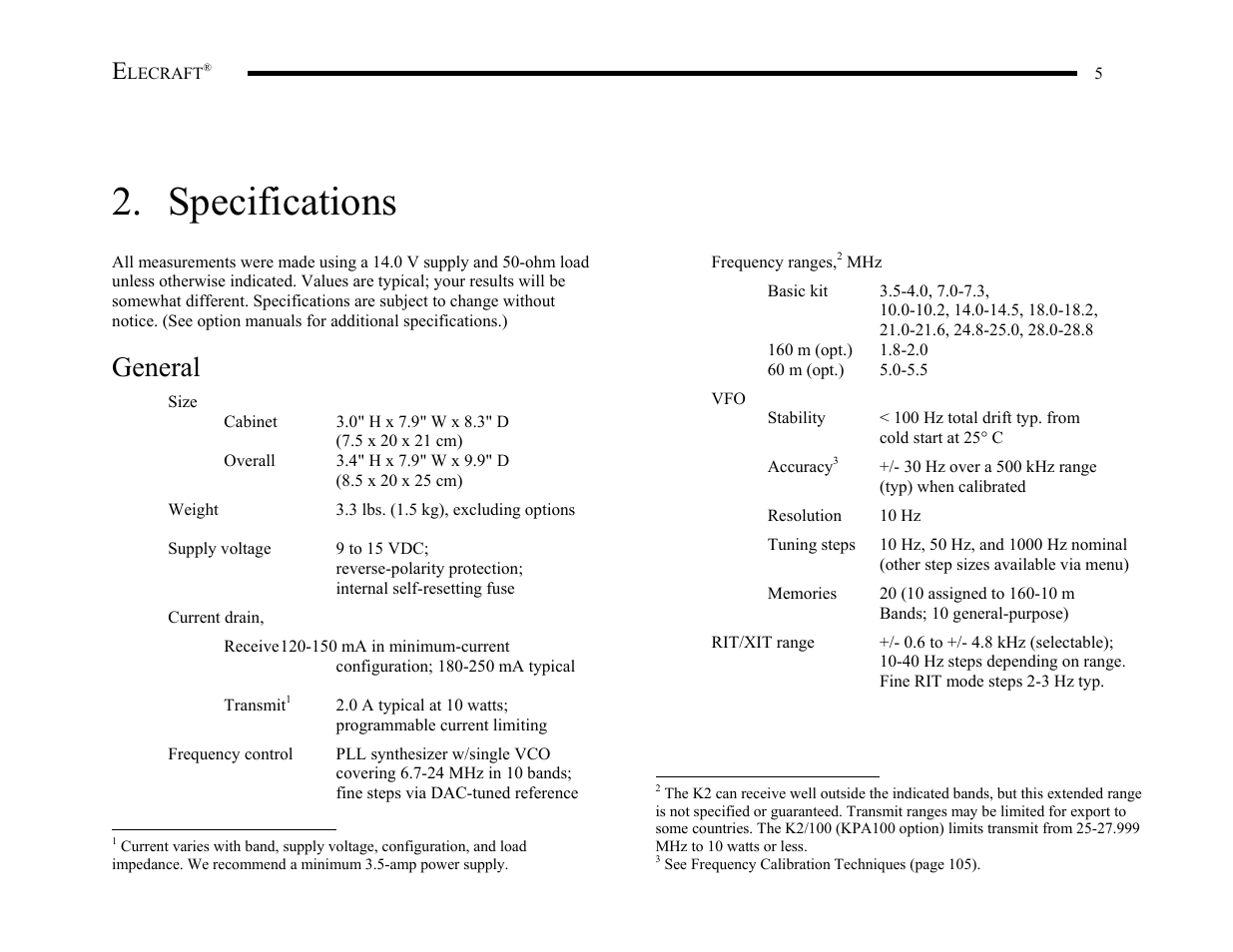 Specifications, General | Elecraft K2 Owner's Manual User Manual | Page 6 / 171