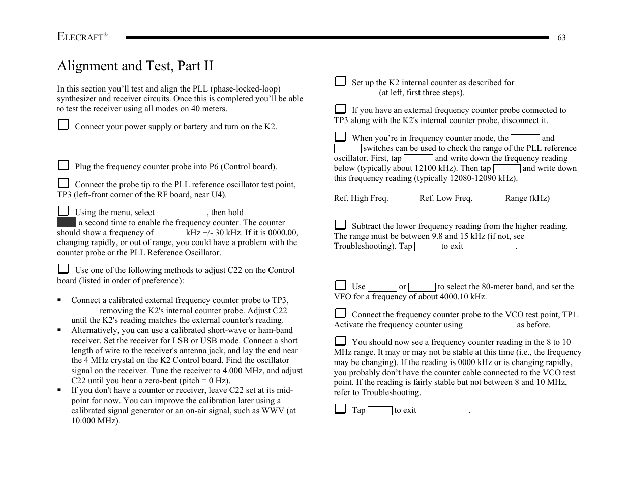 Alignment and test, part ii | Elecraft K2 Owner's Manual User Manual | Page 64 / 171