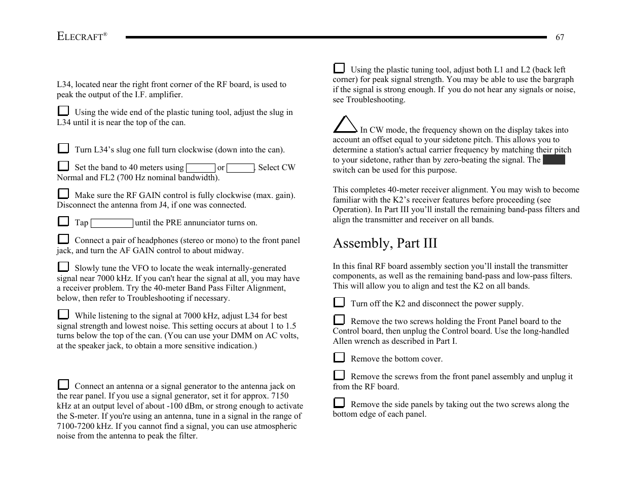Assembly, part iii | Elecraft K2 Owner's Manual User Manual | Page 68 / 171
