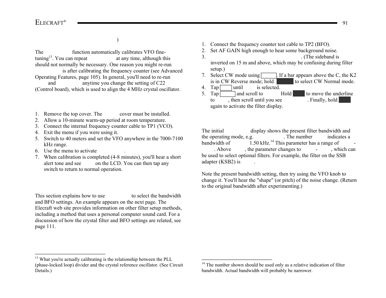 Vfo linearization (cal pll, Filter settings (cal fil) | Elecraft K2 Owner's Manual User Manual | Page 92 / 171