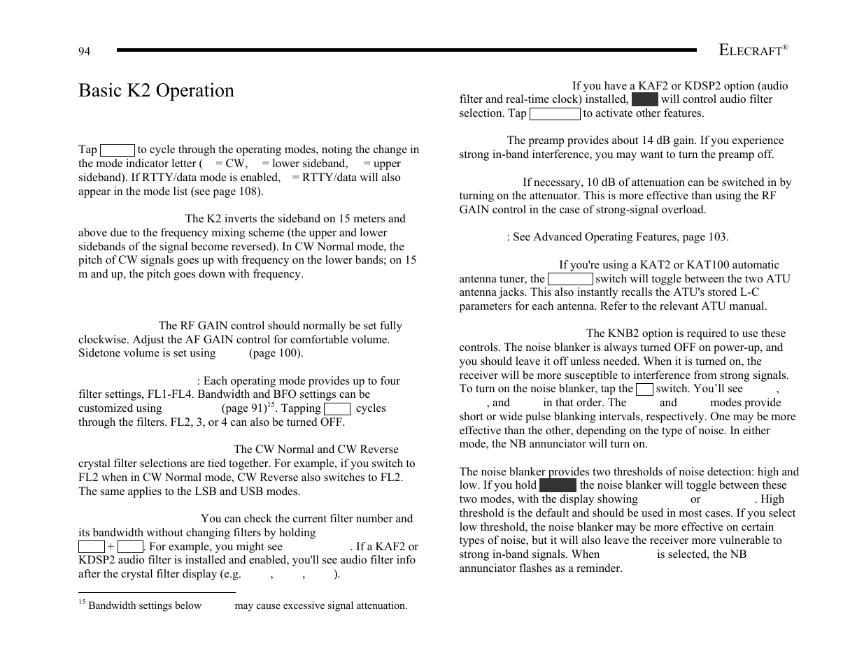 Basic k2 operation, Mode selection, Receiver configuration | Elecraft K2 Owner's Manual User Manual | Page 95 / 171