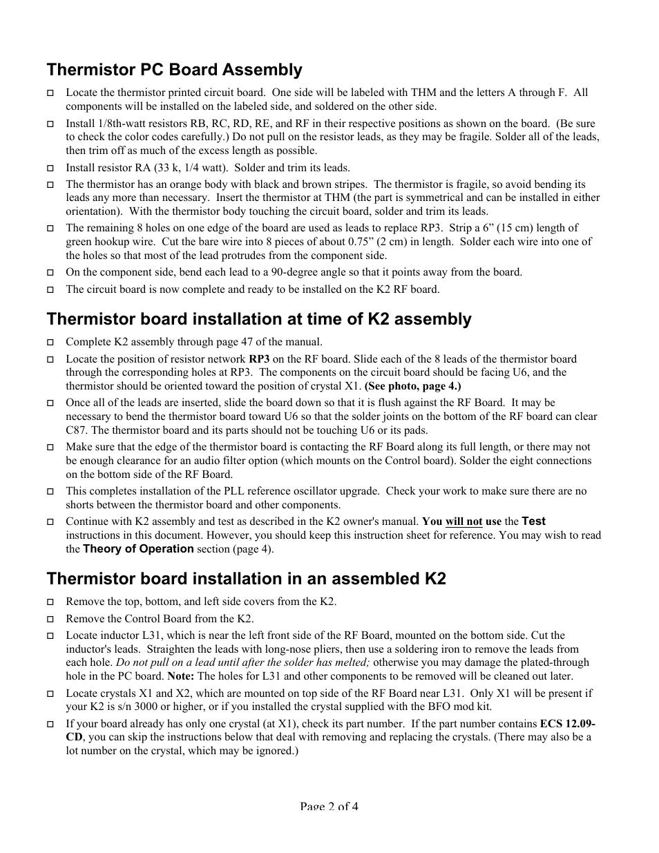 Thermistor pc board assembly, Thermistor board installation in an assembled k2, Page 2 of 4 | Elecraft K2 PLL User Manual | Page 2 / 4