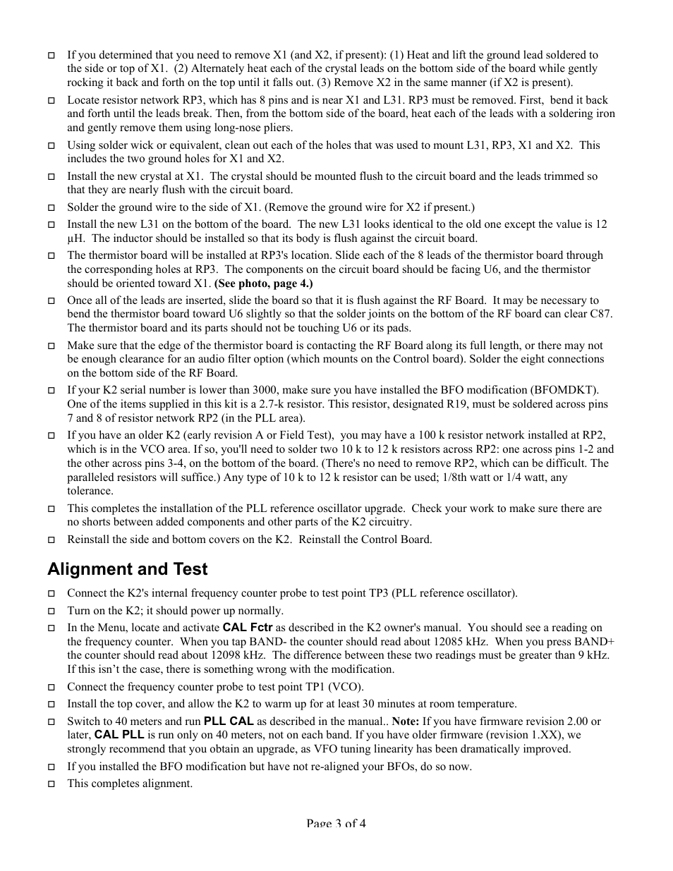 Alignment and test, Page 3 of 4 | Elecraft K2 PLL User Manual | Page 3 / 4