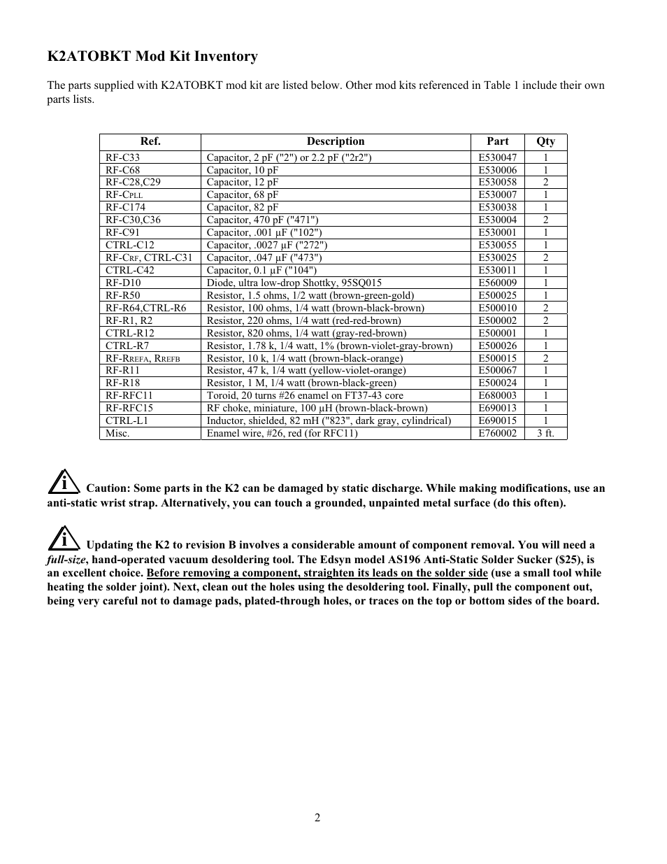 K2atobkt mod kit inventory | Elecraft K2ATOBKIT User Manual | Page 2 / 15