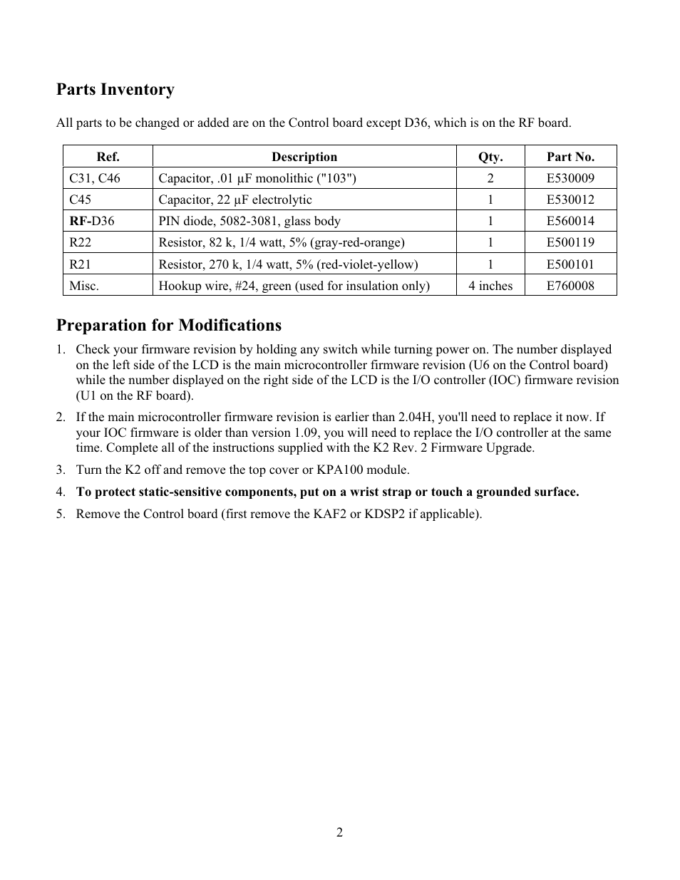 Parts inventory, Preparation for modifications | Elecraft K2 Keying Modification Instructions User Manual | Page 2 / 4