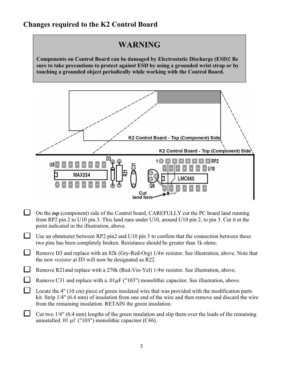 Warning, Changes required to the k2 control board | Elecraft K2 Keying Modification Instructions User Manual | Page 3 / 4