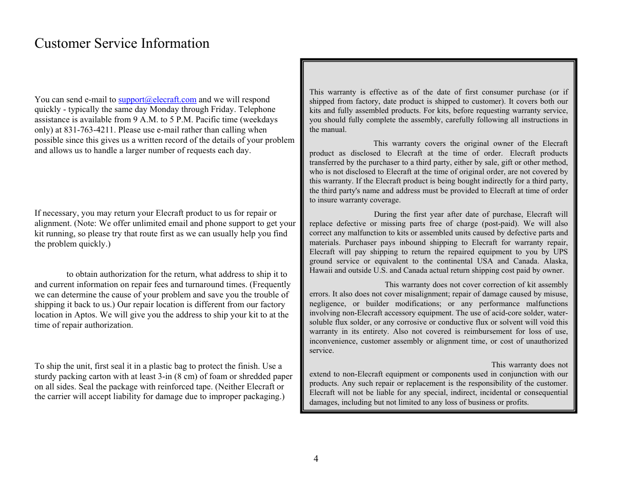 Customer service information | Elecraft KPA100 Manual User Manual | Page 4 / 74