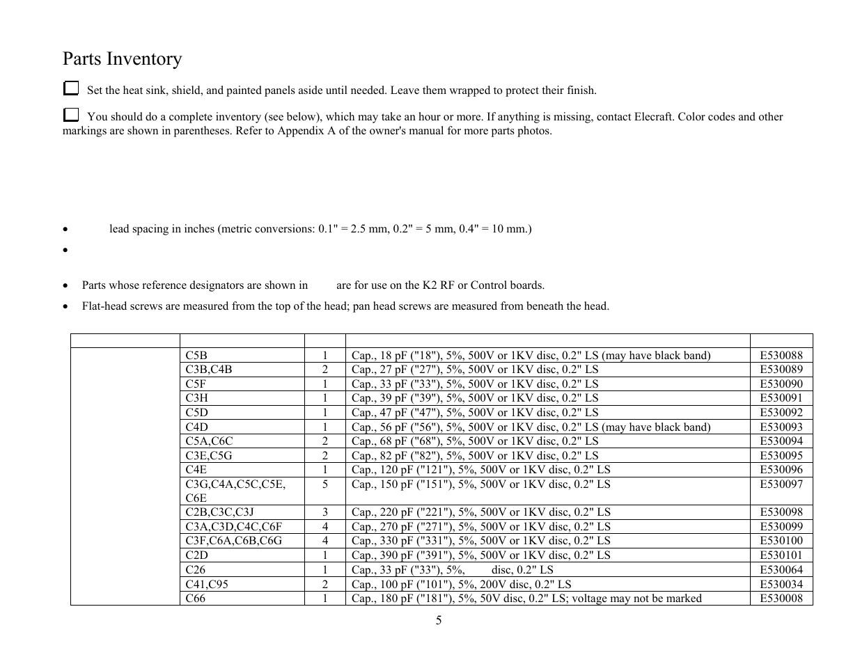 Parts inventory | Elecraft KPA100 Manual User Manual | Page 5 / 74