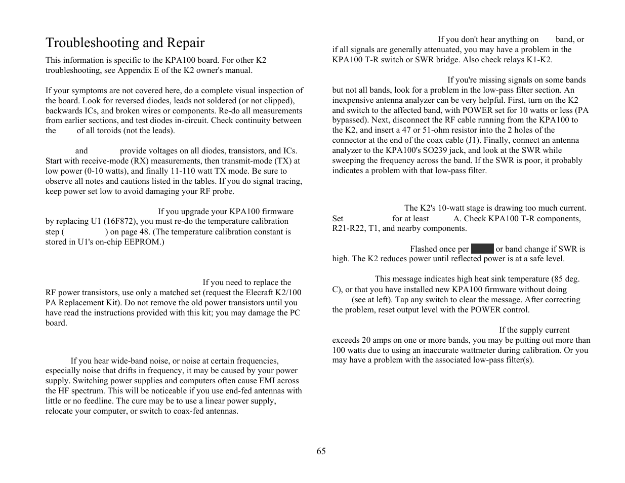Troubleshooting and repair | Elecraft KPA100 Manual User Manual | Page 65 / 74