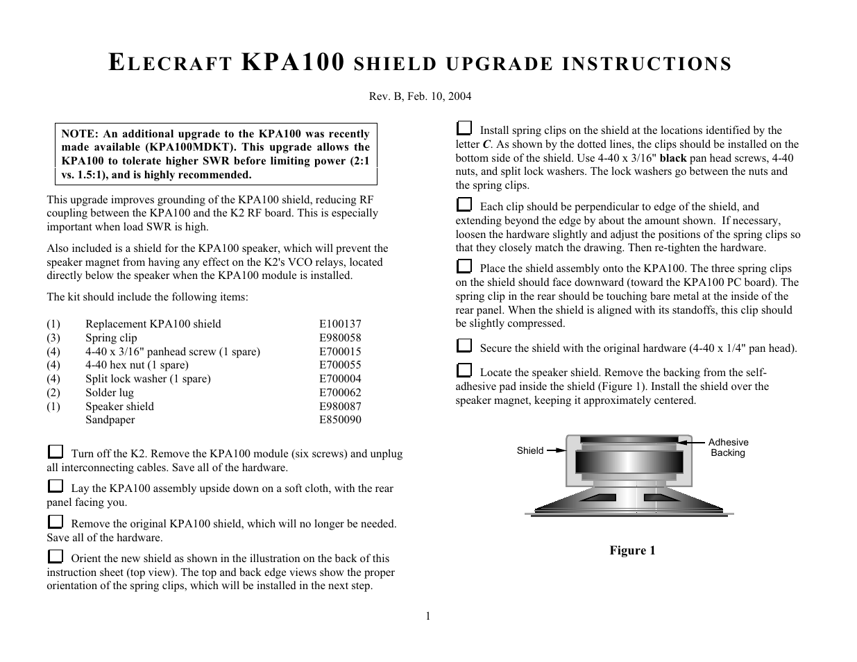 Elecraft KPA100 Shield Upgrade User Manual | 3 pages