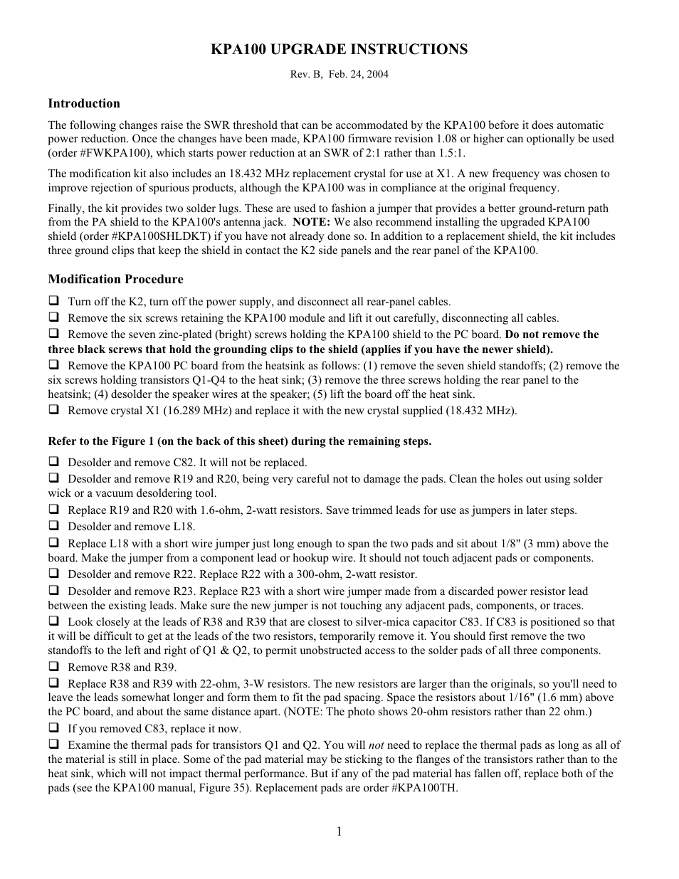 Elecraft KPA100MODKT User Manual | 2 pages