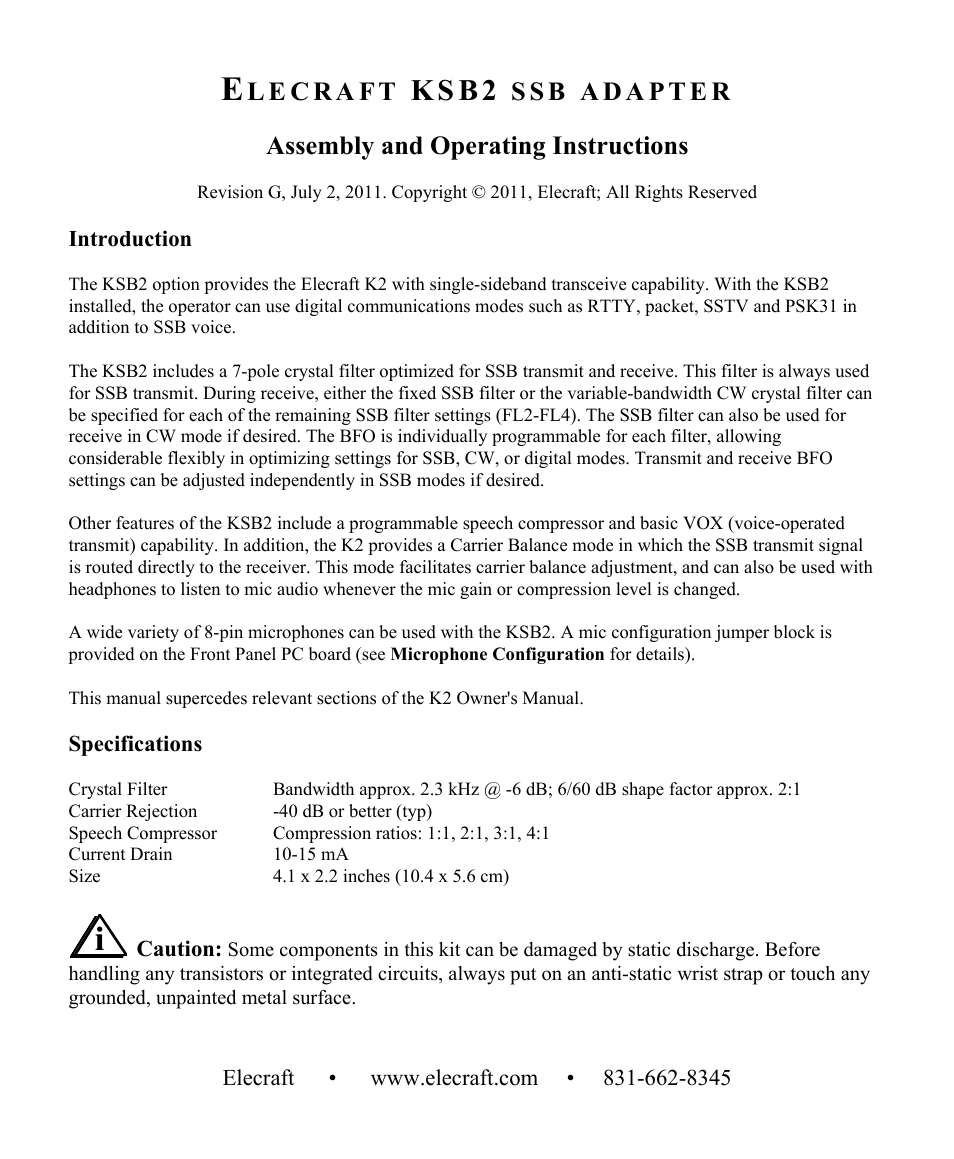 Elecraft KSB2 User Manual | 24 pages