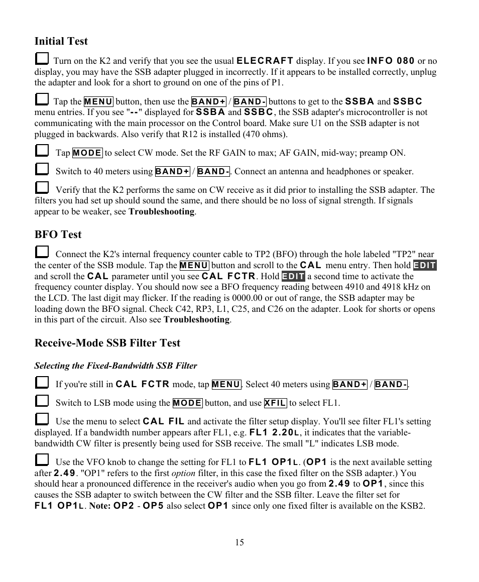 Initial test, Bfo test, Receive-mode ssb filter test | Elecraft KSB2 User Manual | Page 15 / 24